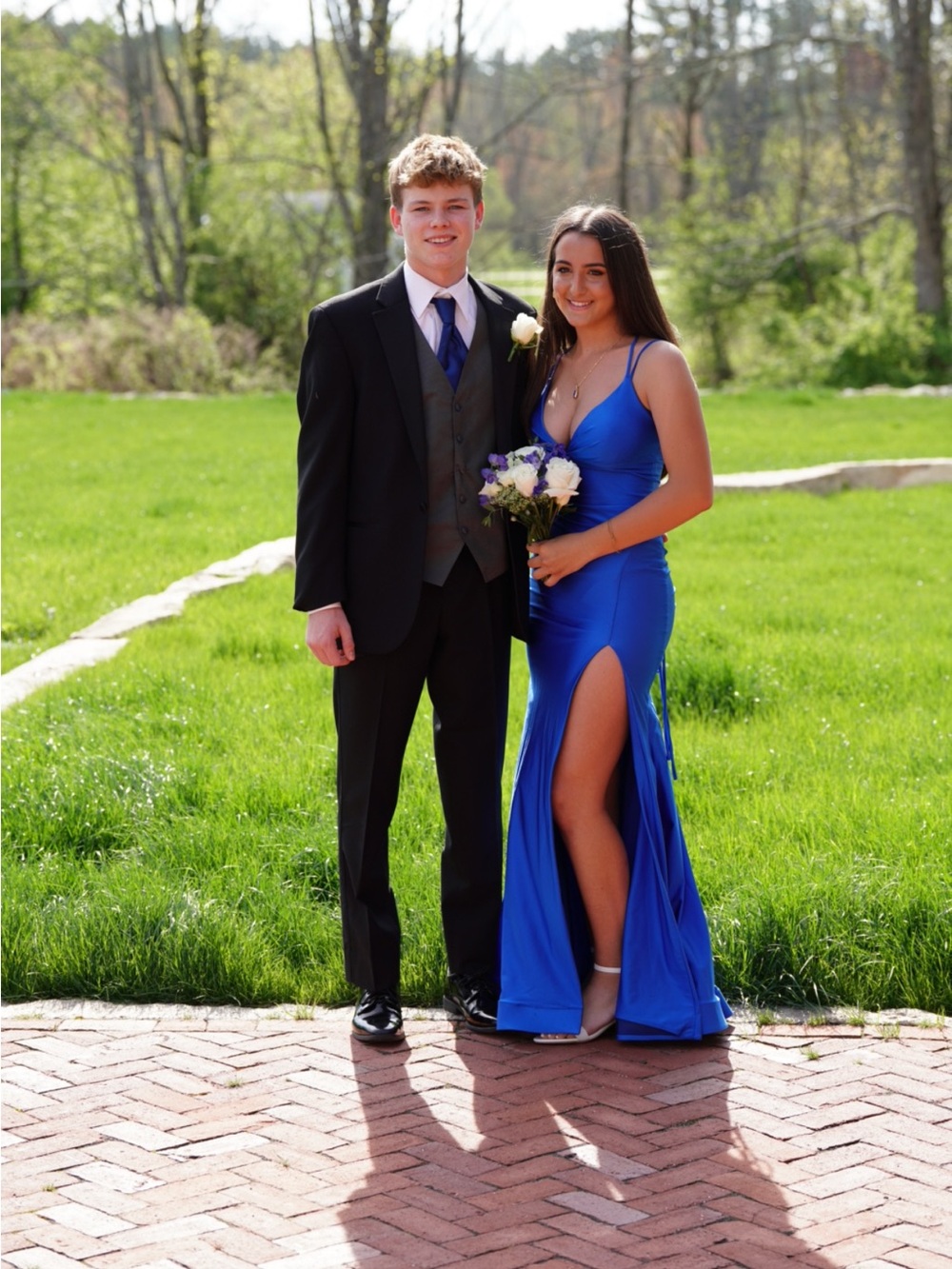 Vera Wang Royal Blue Satin Prom Dress with High Slit